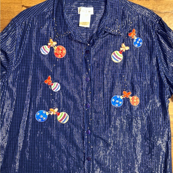 Bobbie Brooks • 18W/20W • Blue • Silver Metallic • Christmas Ornaments • Blouse - Picture 7 of 10